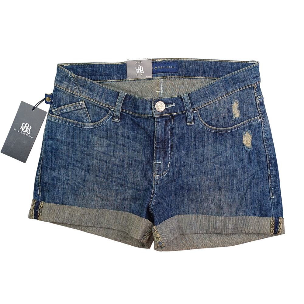 Rock & Republic Denim Jean Shorts Women Size 10 Blue Distressed Raw Cutoff Midi